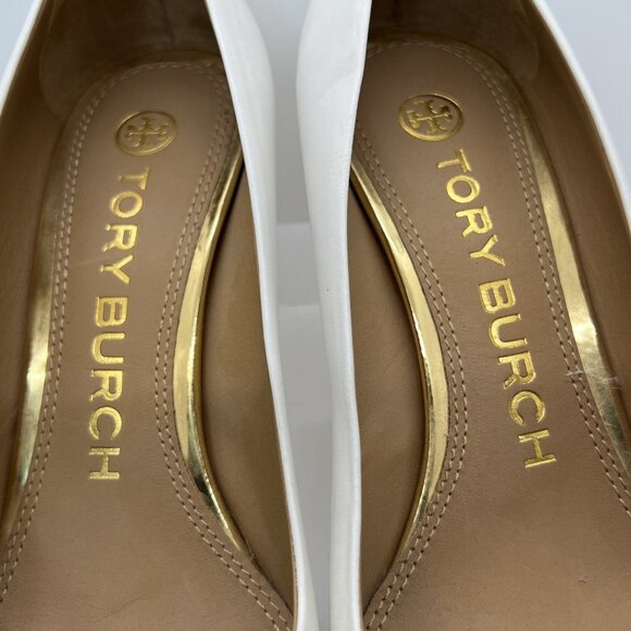 Tory Burch PENELOPE CAP TOE Pumps Leather Patent Ivory Heels - Picture 3 of 12